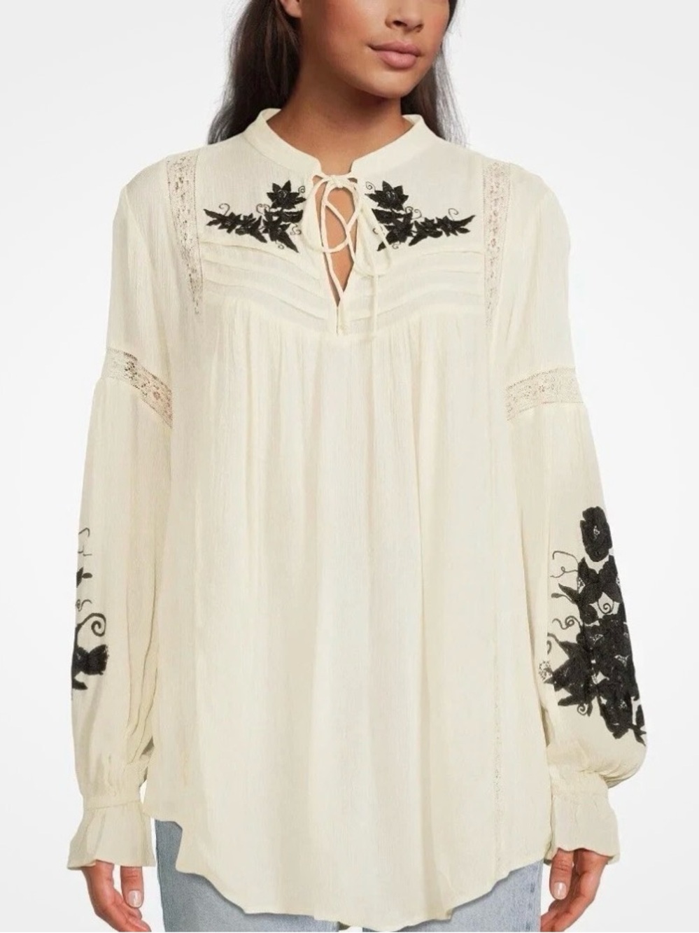 Free People Tusalossa Cream Peasant Blouse with Black Floral Embroidery